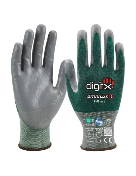 OMNILUX, Luva 24g Corte D, suporte Lycra, palma PU, Touchscreen, Sanitized.