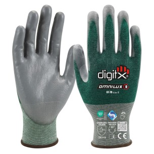 OMNILUX, Handske 24g Skärskydd D, Lycra-foder, PU-handflata, Touchscreen, Sanitized.