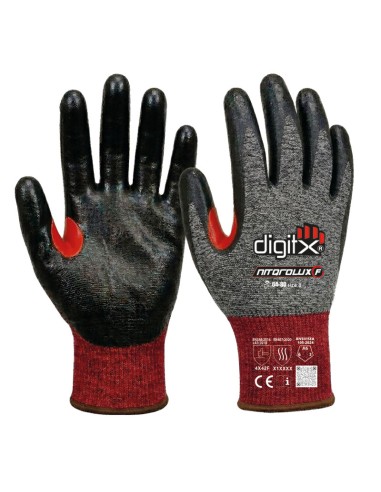 NITQROLUX-F, gant 18g support Rouge, paume Nitrile + renfort, niveau coupure F