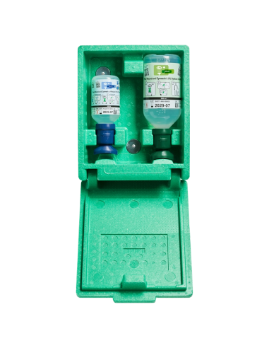 ARMOIRE murale verte avec bouteilles lave-yeux 200 ml 4,9% et 500 ml 0,9%