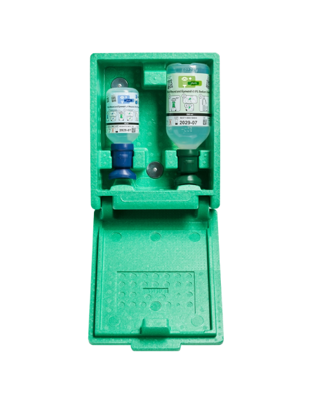 ARMARIO pared verde con botellas lavaojos 200 ml 4.9% y 500 ml 0.9%