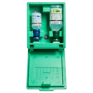ARMARIO pared verde con botellas lavaojos 200 ml 4.9% y 500 ml 0.9%