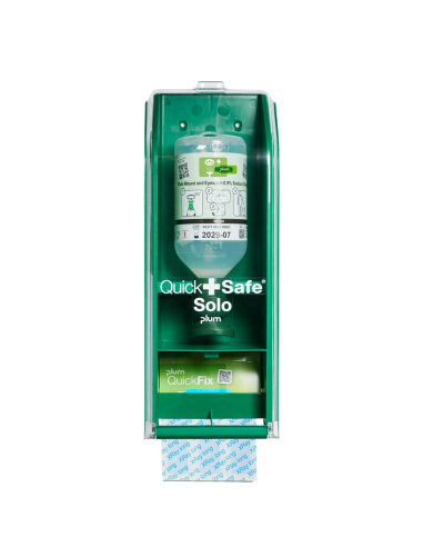 QUICKSAFE SOLO, estuche con botella de 500ml 0.9% y tiritas detectables azules