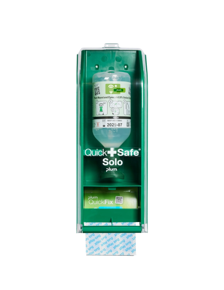 QUICKSAFE SOLO, väggmonterad förpackning med 500ml 0.9% flaska och blå detekterbara plåster