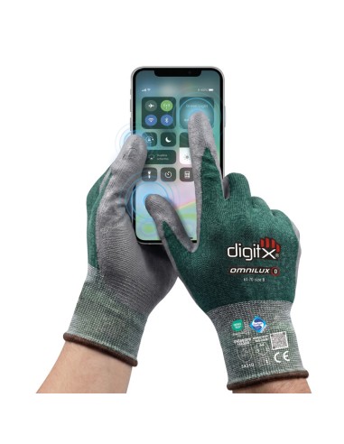 OMNILUX, Guanto 24g Taglio D, supporto Lycra, palmo PU, Touchscreen, Sanitized.