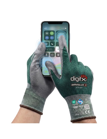OMNILUX, Gant 24g Coupe D, support Lycra, paume PU, Écran tactile, Sanitized.