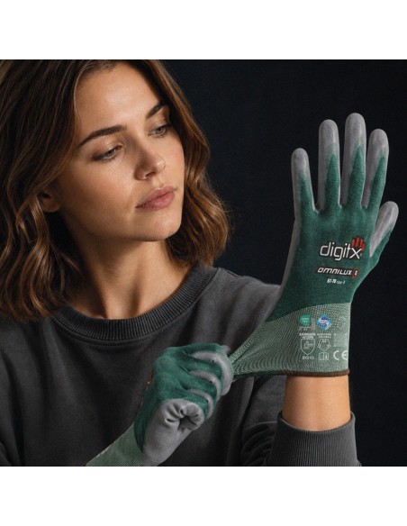 OMNILUX, Glove 24g Cut D, Lycra support, PU palm, Touchscreen, Sanitized.