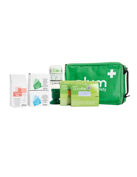 FIRST-AID bag basic, incluye lavaojos, compresas, tiritas, crema quemaduras, etc.