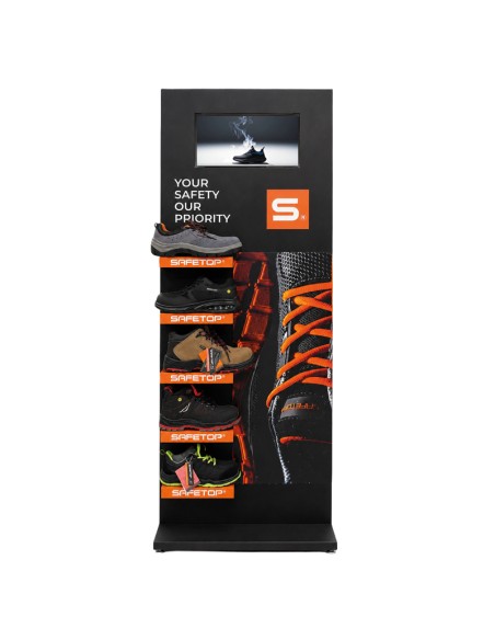 Sheet metal display for 5 footwear models with video screen
