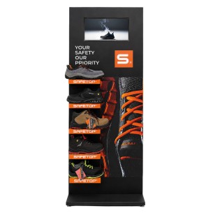 Sheet metal display for 5 footwear models with video screen
