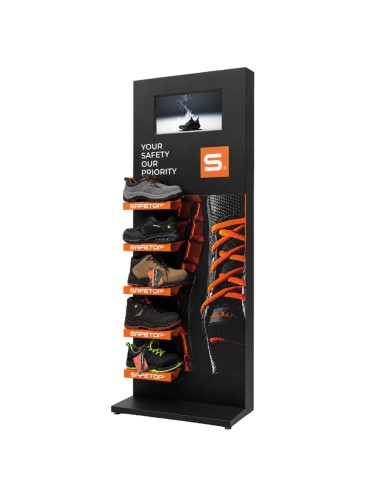 Sheet metal display for 5 footwear models with video screen