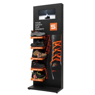 Sheet metal display for 5 footwear models with video screen 2