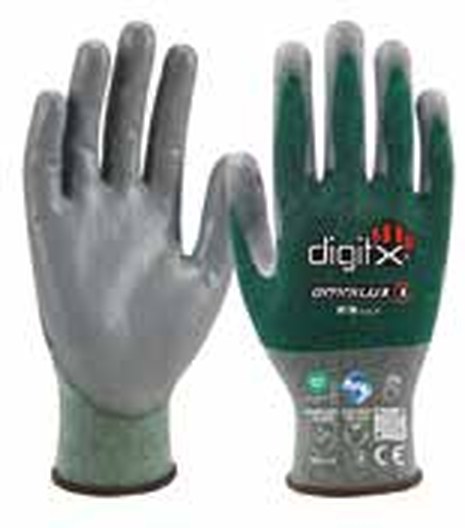 Guante anticorte DigitX 61-70 Omnilux, forro verde de galga 24 con recubrimiento de PU gris en la palma