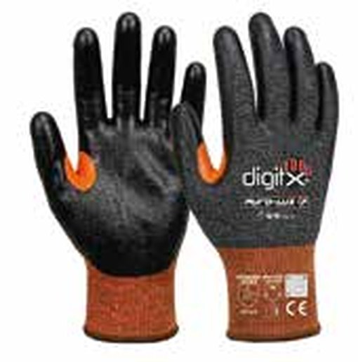 Guante anticorte DigitX 63-70 Purolux-F, puño naranja de galga 18 con recubrimiento de PU negro en palma y dedos