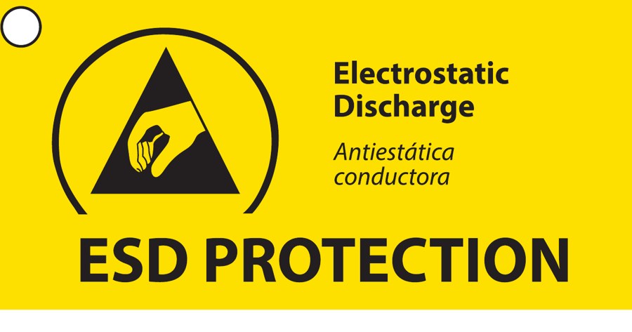 Κίτρινη κρεμαστή ετικέτα ESD PROTECTION με το τυποποιημένο εικονόγραμμα ηλεκτροστατικής εκφόρτισης και την ένδειξη Electrostatic Discharge.